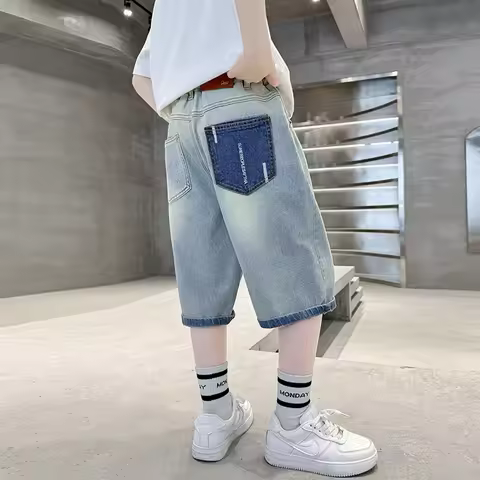 Brief Style Children Summer Shorts For Boys Solid Color Denim Shorts Jeans Kids Teenager Casual Capr