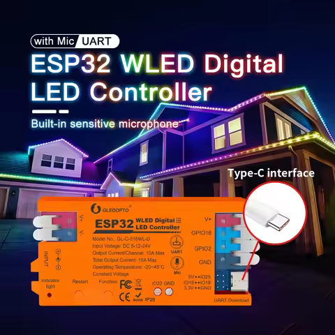 GLEDOPTO ESP32 WLED LED Controller RGBIC Strip Built in Microphone DIY Dynamic Mode UART Type-C Down
