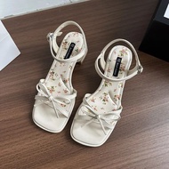 French Knot รองเท้าส้นสูงรองเท้าแตะผู้หญิงใหม่ 2025 ฤดูร้อน Fairy สไตล์แฟชั่น Clog รองเท้ายางรุ่นอัพ