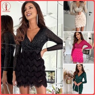 fulaide Women Glitter Sequin Party Dress Long Sleeve Deep V-Neck Corset Mini Dress Fall Winter Cockt