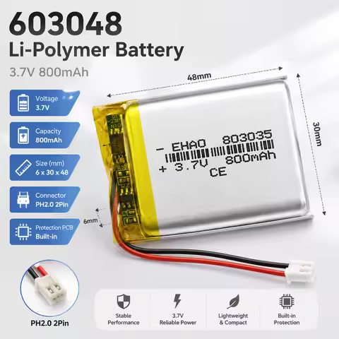 Lithium Polymer Battery 803035 3.7V 800mAh with PH2.0 Plug for GPS Recorder Camera Smart Watch