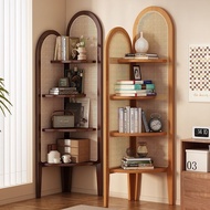 Corner Bookshelf Floor Multi-Layer Bookcase Shelf Retro Rattan Corner Cabinet Living Room