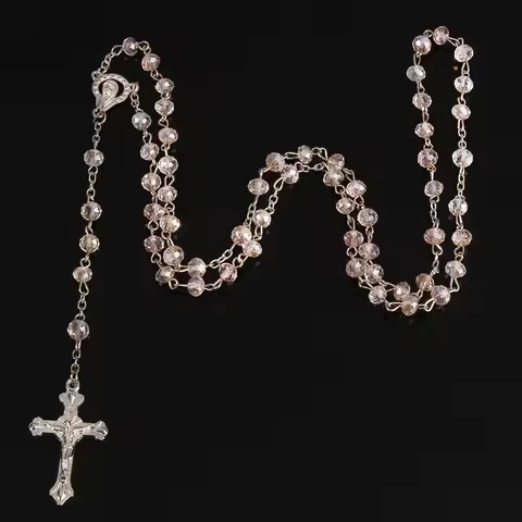 Classic 6mm Crystal Rosary Necklace, Catholic Holy Site Cross Pray Necklace, Fashion Crystal Rose Ne