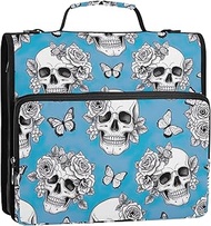 Flower Skulls Blue 1 1/2 Inch Binders 3 Ring Zip up Binder Organizer Keeper Binder Bag with Strap fo
