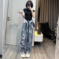 ELWYN ripped jeans, women's high-waisted straight-leg jeans, dark blue, size S M L 8780