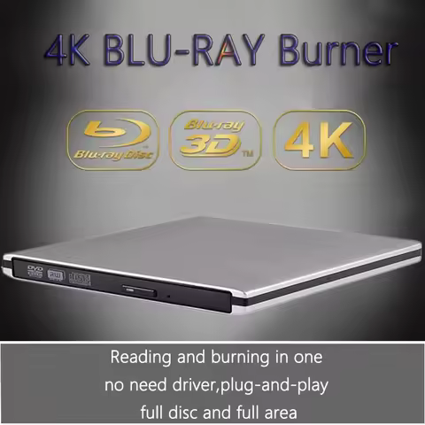 Ultra-Slim External Optical Drive with 4K Blu-Ray Burning, USB 3.0, DVD Play, 3D Blu-Ray R/W, CD/DVD