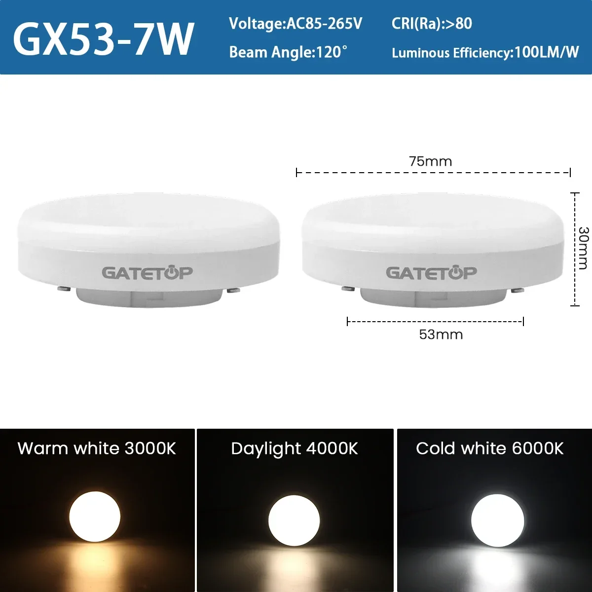 GATETOP | 2PCS Hight Lumen GX53 BULB Spot Light LED AC85-265V 100lm/W 120degree Hight Power Day Ligh