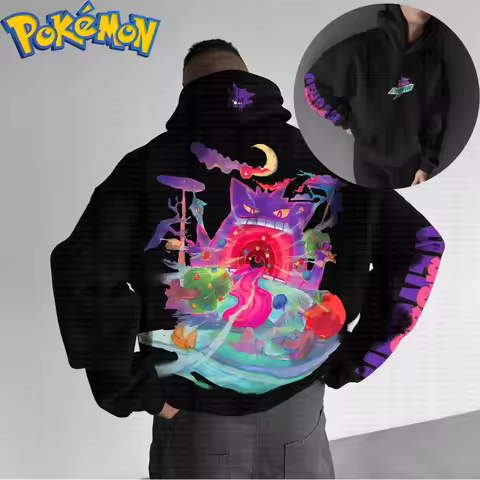 Pokemon Anime Gengar Cotton Hoodie Harajuku Pants Set Black Character Print with Colorful Smoke Mush