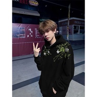 Style High Street New Style Flower Embroidered Hooded Sweatshirt Men s Autumn Couple Loose Pure Cott