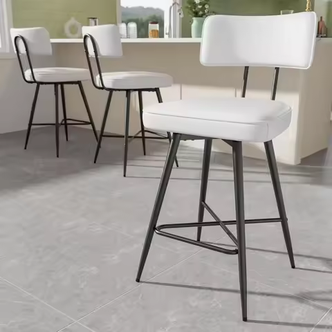 White Leather Swivel Bar Stools Set of 3, 26" Counter Height with Backs & Metal Legs Customized