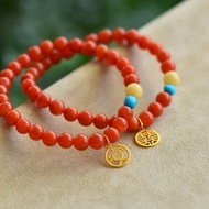 6mm天然原礦南紅 蜜蠟美松古法銀小牌設計單圈手串s