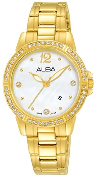นาฬิกาข้อมือผู้หญิง ALBA รุ่น AH7R28X1 ขนาดตัวเรือน 30 มม.สีทอง หน้าปัดสีขาวมุข ขอบประดับด้วยคริสตัลจาก Swarovski® QUARTZ 3 เข็ม