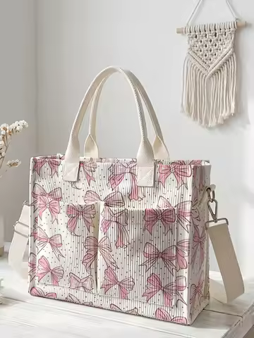 Pink Bow & Polka Dot Print Corduroy Tote Bag Large Capacity Multi Pocket Coquette Commuter Shoulder