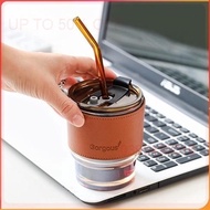 Gorgeous Leather Glass Cup with Straw and Lid 450ml, Extremely Luxurious Amber Drinking Cup