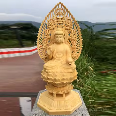 Cypress Wood Hand Carving Craft Buddha's Medicine Master Amitabha Buddha Statue Sitting Lotus Sculpt