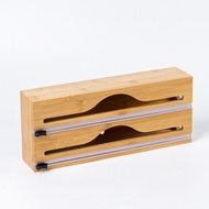 Two Layers Bamboo Wall Mount Cling Film Cutter Box with Slide for Storing and Cutting Tin Foil Bakin