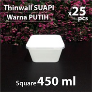 25 pcs pack - Thinwall Square Suapi 450 ML - WHITE - Plastic Box - SQ Container 450 ML