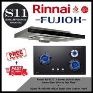 Rinnai RB-93TG 3 Burner Built-In Hob Schott Glass (black) Top Plate + Fujioh FR-MS1990 90CM Super Slim Cooker Hood - Free Delivery