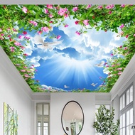 Wallpaper 3D Custom Plafon Awan Biru Daun Bunga Mawar Pink (21PLF-010)