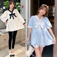 Áo bầu xinh áo bầu công sở dáng babydoll cổ V phối nơ sang chảnh nhẹ nhàng