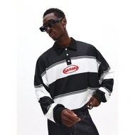 Cropped Fit Chicago Text Graphic Rugby Jersey Long Sleeve Striped Polo Shirt Baseball Inspired Retro