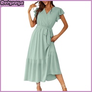 Womens Summer Midi Dress V Neck Ruffle Cap Sleeve Flowy Wrap Dress Boho Beach A-line Swing Sundress