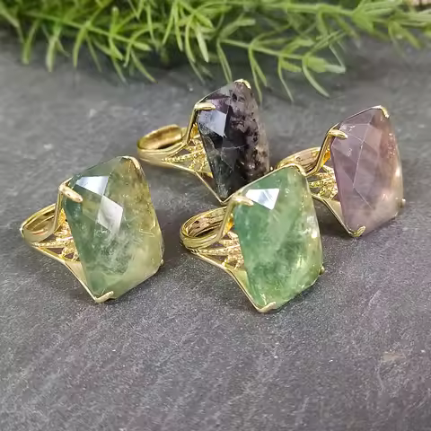Rectangular Crystal Ring, Green/Purple Fluorite Jewelry, Spritual Healing Gemstone Ring for Women, G