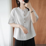 LUCKIN STORE Womens Cotton Linen T-shirt Womens Loose Casual Top Vintage Loose Stripe Shirt 2025 Sum