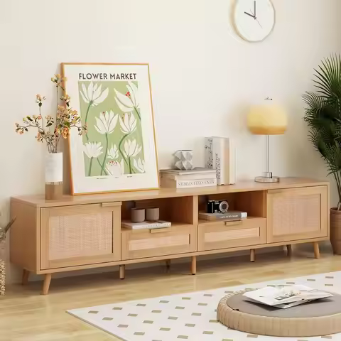 Rattan TV Stand Entertainment Center Console with 2 Doors 2 Drawers Solid Wood Feet Living Room 85in