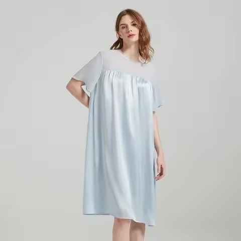 100% Mulberry Silk Pajamas, Georgette-panelled Round-neck Silk Nightdress, Babydoll Style, Elegant W