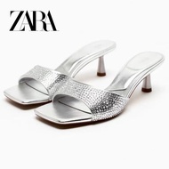 Zara New Style Women's Shoes Stiletto Heel Rhinestone Bright Metal High Heel Mules