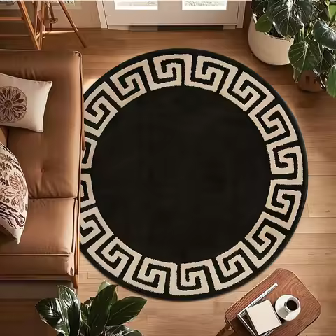 Greek Key Black Round Mat for Living Room, Bedroom Greek Key Pattern Elegant Timeless Covering Durab