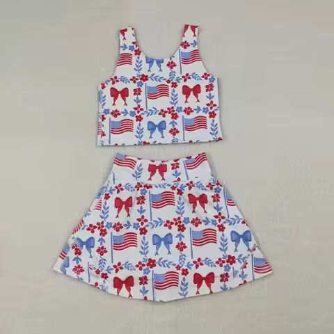 Wholesale Toddler Flags Bows Shirt Skirt Shorts Kids Skort Set Athletic Clothes Baby Girl Yoga Activ