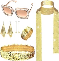6 Pieces 70s Disco Accessories for Women Costume Set Rhinestone Thick Frame Bling Sunglasses Long Se