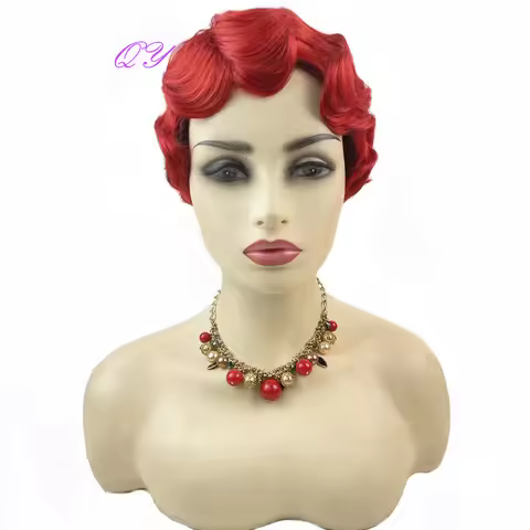Finger Waves Short Wigs Red Synthetic Women Cosplay Hair 6 Inch High Temperature Fiber Curly Female 
