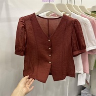 blouse cute korean style puff sleeve puff sleeve blouse French Puff Sleeve V-Neck Short Sleeve Top -