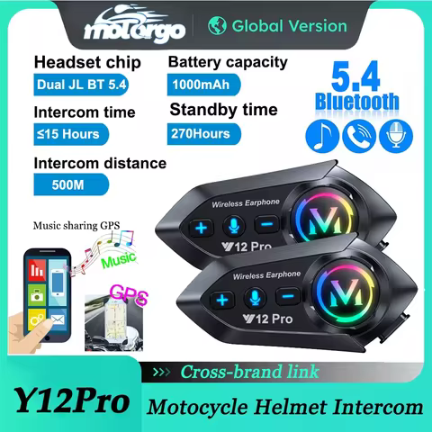 1/2x Music Interphone Bluetooth 5.4 Motorcycle Helmet Intercom Headset Waterproof 500M Play Music an