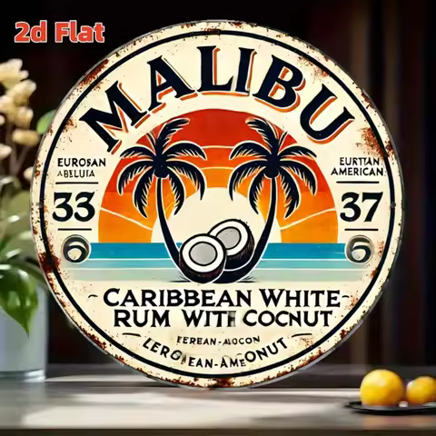 Malibu Caribbean White Rum Vintage Aluminum Sign - 8" Round Waterproof, Coconut Design, Tropical Bar
