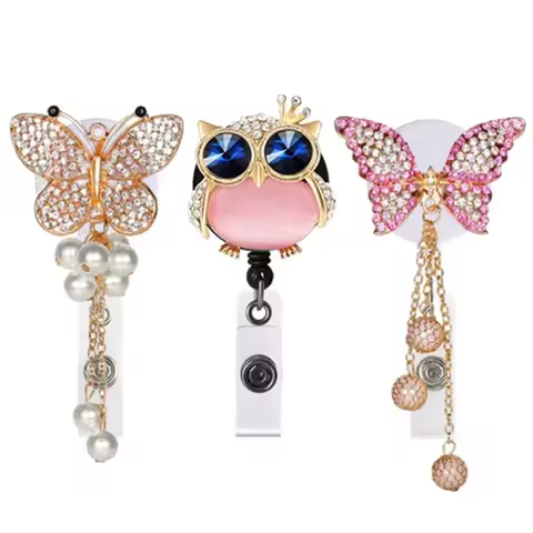 Diamond Owl Butterfly Rhinestone Metal Ornament Easy-pull Certificate Badge Holder Porta Credencial