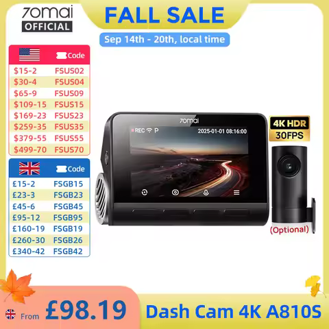 70mai Dash Cam A810S Front 4K Rear 1080P Support 4G Module GPS & ADAS Night Vision Supercapacitor Ca