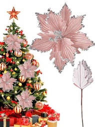 3入組27cm/10.63吋人工手工製作粉藍色絨面帶莖聖誕節懸掛樹狀裝飾花