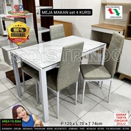 Distrindo - Meja Makan Kaca Tempered Tebal Tahan Panas Kaki Besi Crom dengan 4 bh Kursi
