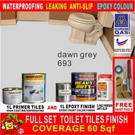 DAWN GREY 693 ( FULL SET EPOXY PAINT ) TOILET TILES FINISH / CAT EPOXY LANTAI / 1L PRIMER TILES AND 0.5 KG POWDER ANTI SLIP AND 1L EPOXY FINISH PAINT / COVERAGE 60 SQF / HEAVY DUTY / CERAMICS AND TILES FINISH BATHROOM DESIGN PAINT