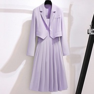 【M-4XL】Spring And Autumn New Korean Version Purple Two-Piece Blazer and Dress Suit Set Women Design Sense Niche Professional Short Blazer Coat Fashion Trend Sleeveless Dress Set