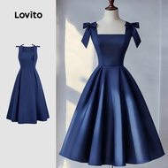 Lovito Elegant Dress Bow Spring/summer Navy Blue Dress for Women LBL31026 Lovito Gaun Elegan dengan 
