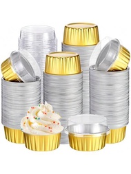 50入組5盎司/150毫升金色即棄蛋糕杯,帶蓋鋁箔小杯子奶油布丁杯蛋糕杯蛋糕模具錫杯容器,派對禮物生日禮物必備品