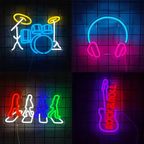 Rock Roll Led Neon Sign, Band Drum Set Icon, Used For Bedroom, Beer Bar, Music Studio, Recording Stu