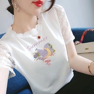 100% Cotton Lace French Half-Sleeved Mesh All-Match Slimmer Look Printed t-Shirt Women Summer Korean Version Round Neck