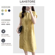 LAHSTORE straight linen dress with chiffon shirt collar, mussel sleeves, embossed cups DS32 (Yellow,