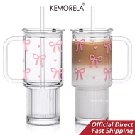 26oz Cute Pink Bow Glass Cup with Lid and Straw, Girly Preppy Aesthetic Glass Tumbler with Handle, B